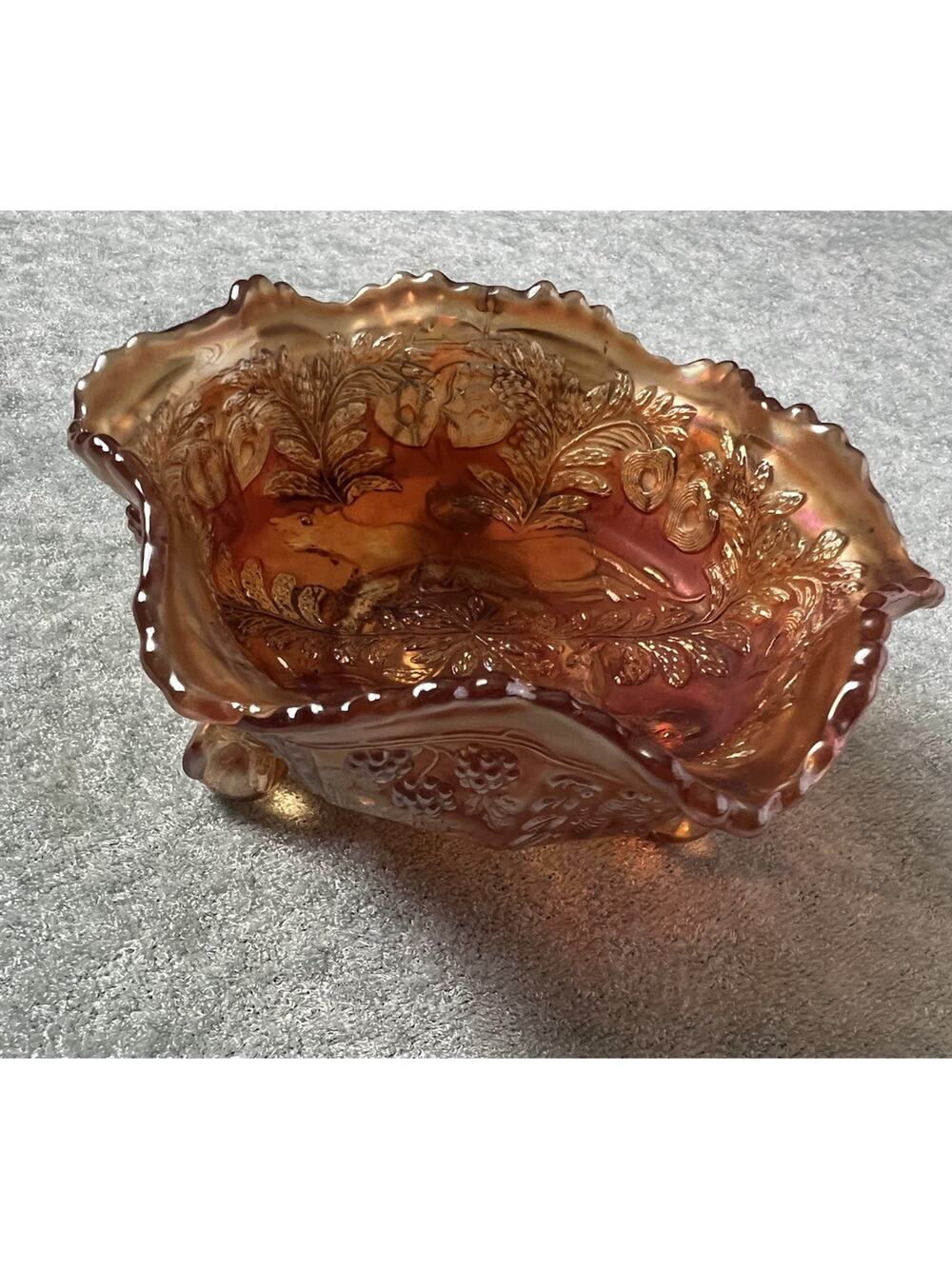 Vintage Fenton Marigold Carnival Glass Bowl Ruffled Edges 3 Claw Feet 5” Berry